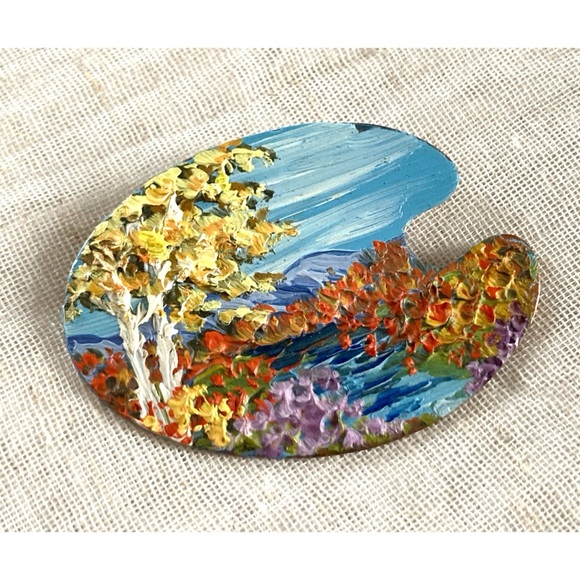 Hand Crafted Jewelry - Hand Painted Brooch Landscape Artist’s Palette